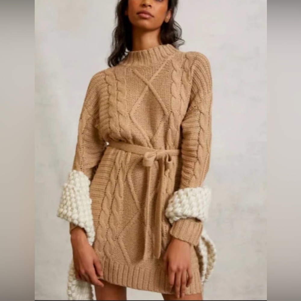 Anthropologie Amadi Leah Tan Cable Knit Sweater Dress with Belt Size L